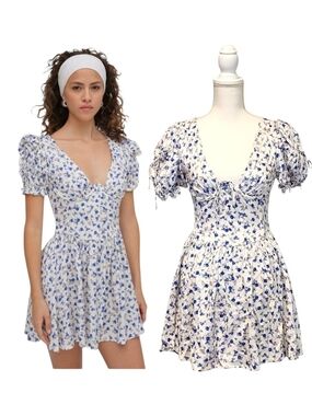 NWT For Love & Lemons Paulina Blue Floral Puff Sleeve Cottagecore Dress Small